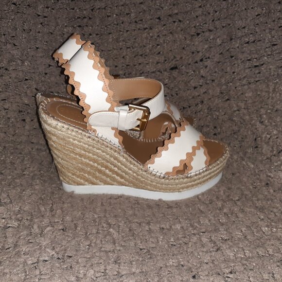 SEE BY CHLOÉ-Glyn Espadrille-Cream Leather w/Tan Trim-Sz 38-Near Mint - Picture 5 of 8